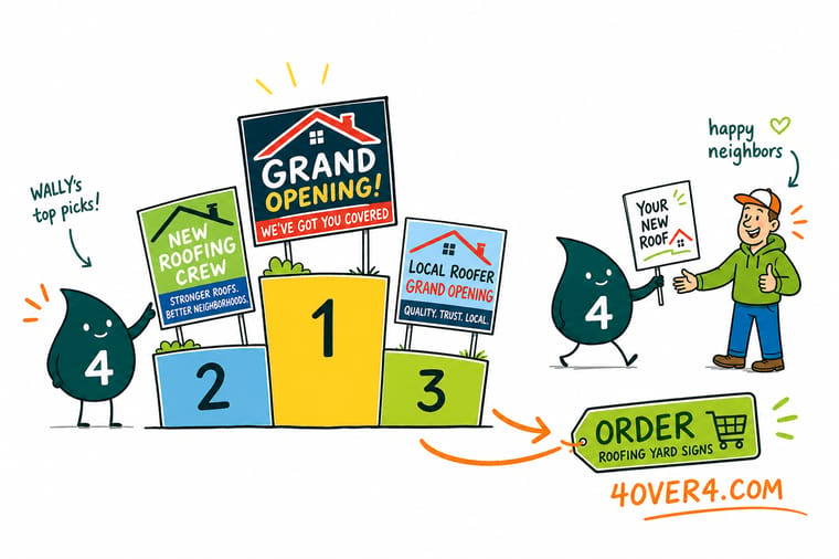 Wally, the 4OVER4 mascot holding a 4, lining up a roofing yard sign, a truck magnet, a door hanger, and a business card as one matching set