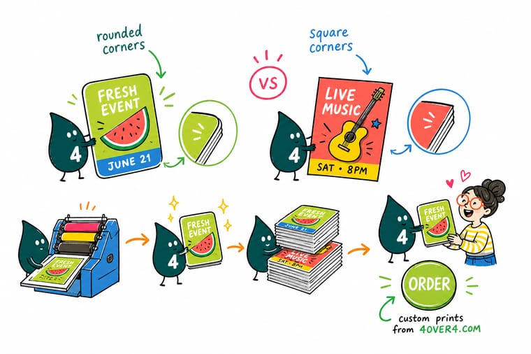 Wally, the 4OVER4 mascot with a 4, holding a square corner flyer in one hand and a rounded corner flyer in the other, with a corner die between them