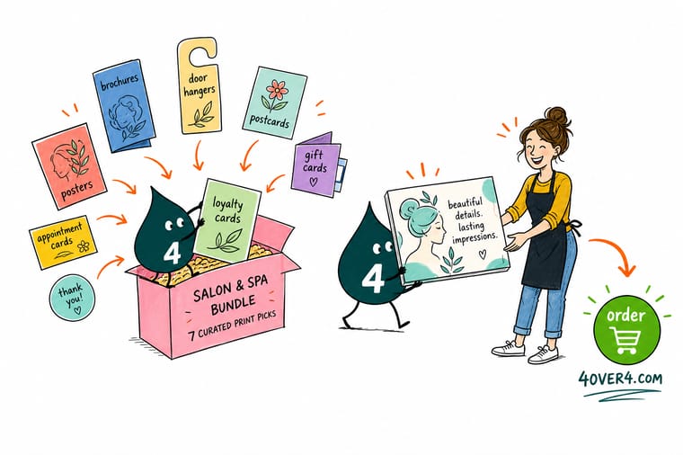 Wally, the 4OVER4 mascot holding a 4, arranging salon gift certificates, appointment cards, a poster, and a win-back postcard as one matching bundle