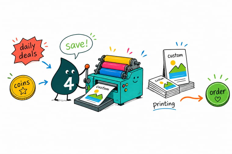 Wally from 4OVER4 lining up a daily deal tag, a quantity slider and a stack of coins in the order they apply to a print order