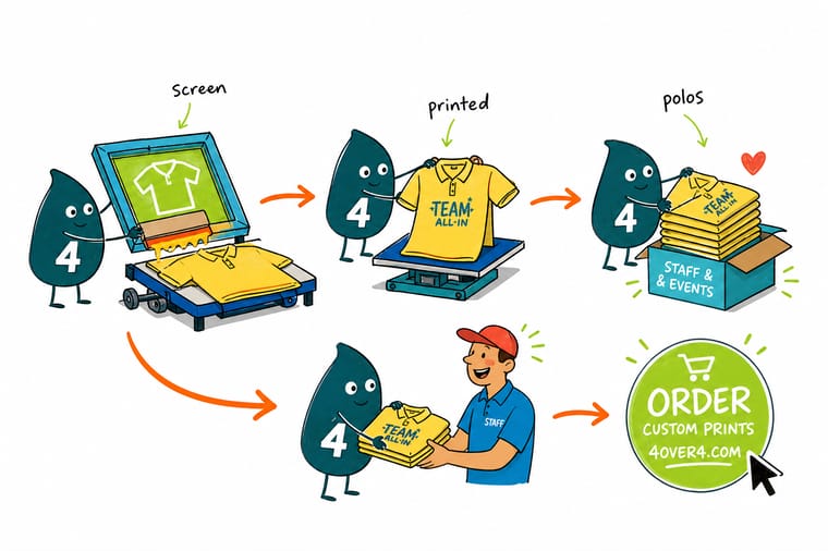 Wally, the 4OVER4 mascot with a 4, positioning a bold logo on the left chest of a polo shirt while pointing at the placket buttons