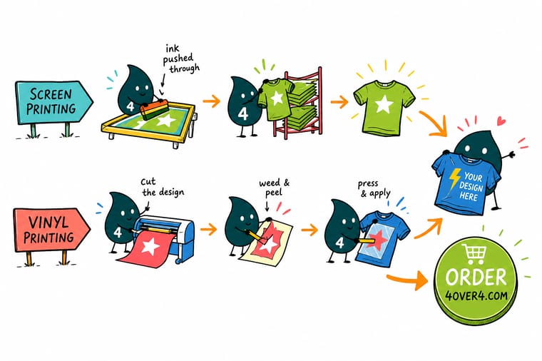 Wally, the 4OVER4 mascot with a 4, weighing a screen-printed shirt against a heat-pressed vinyl shirt