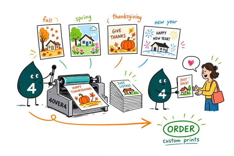 Wally from 4OVER4 mapping a year of seasonal real estate postcards across fall, Thanksgiving, New Year and spring