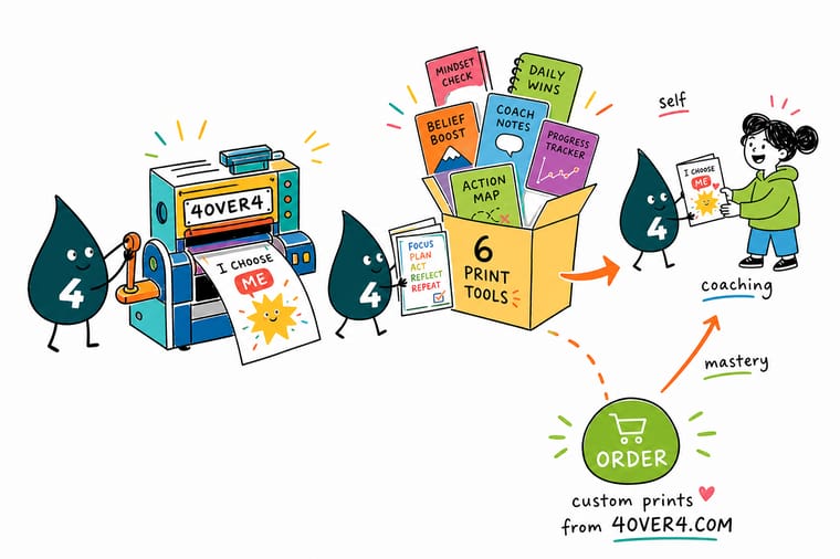 Wally, the 4OVER4 mascot, at a desk pointing from a printed notebook to a wall habit tracker and a bookmark, showing the six printed pieces of a self-coaching system