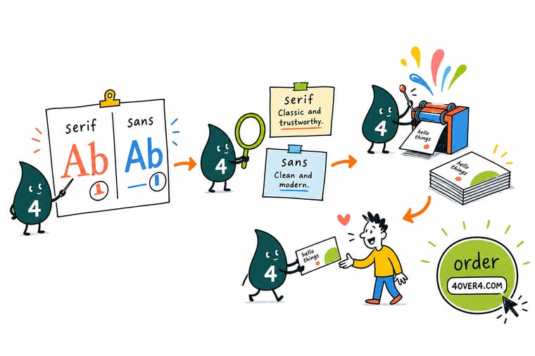Wally, the 4OVER4 mascot holding a 4, weighing a serif letter against a sans serif letter on a scale beside a printed business card and an order tag