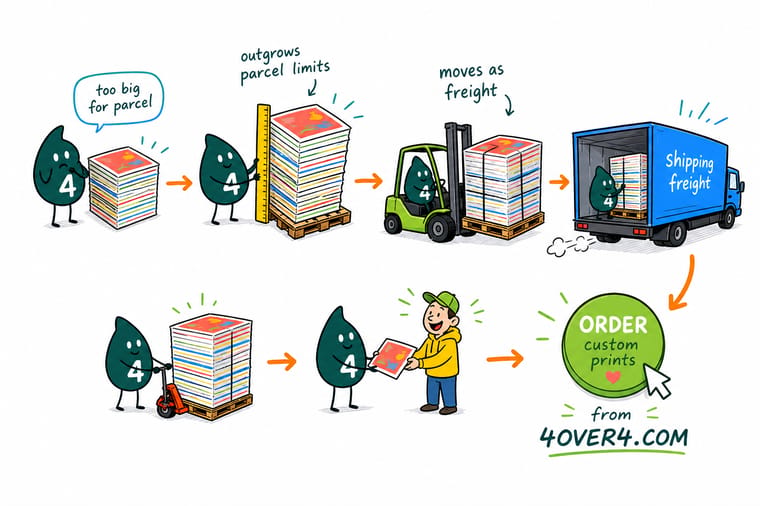 Wally, the 4OVER4 mascot with a 4, weighing a carton on a scale next to a wrapped pallet and a delivery truck, deciding between parcel and freight