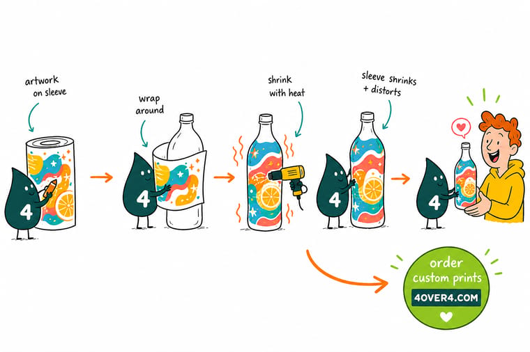 Wally, the 4OVER4 mascot with a 4, sliding a printed film tube over a curvy bottle and steaming it until it grips the shape