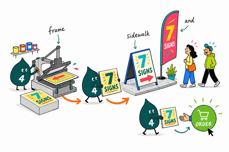 Wally, the 4OVER4 mascot holding a 4, standing on a sidewalk between a filled A-frame at the door, a flexing wind sign by the lot, and a tall feather flag at the road