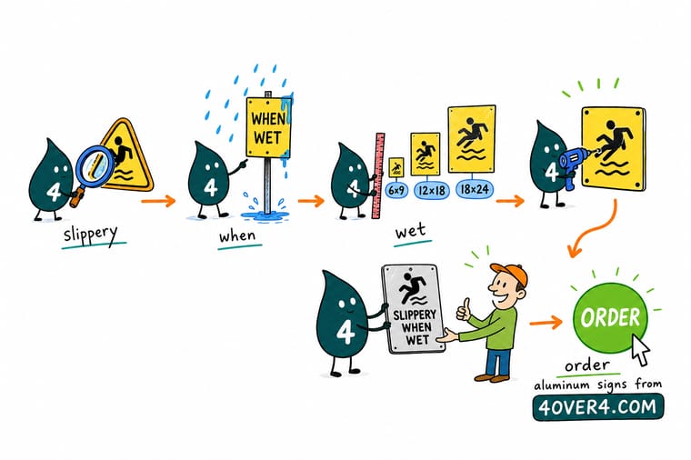 What Slippery When Wet Signs Mean And Where They Are Required explained by Wally, the 4OVER4 mascot holding a 4