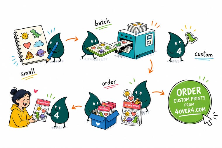 Wally, the 4OVER4 mascot with a 4, laying five sticker designs onto one cut sheet and sliding the finished set behind a printed backing card