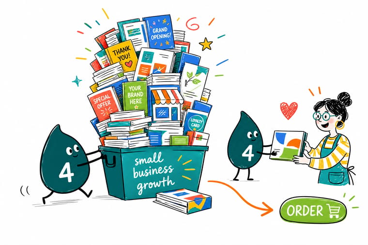 Wally the 4OVER4 mascot handing a small business owner a stack of premium printed business cards