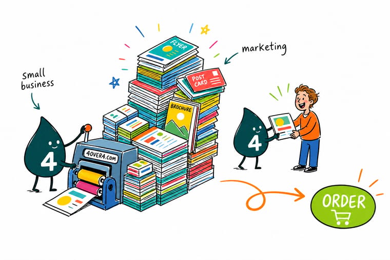 Wally the 4OVER4 mascot handing a small business owner a stack of freshly printed marketing materials
