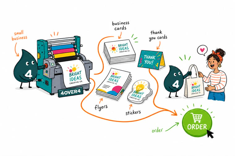 Wally, the 4OVER4 mascot, fanning out three different business cards from a small business starter pack and pointing at the everyday card