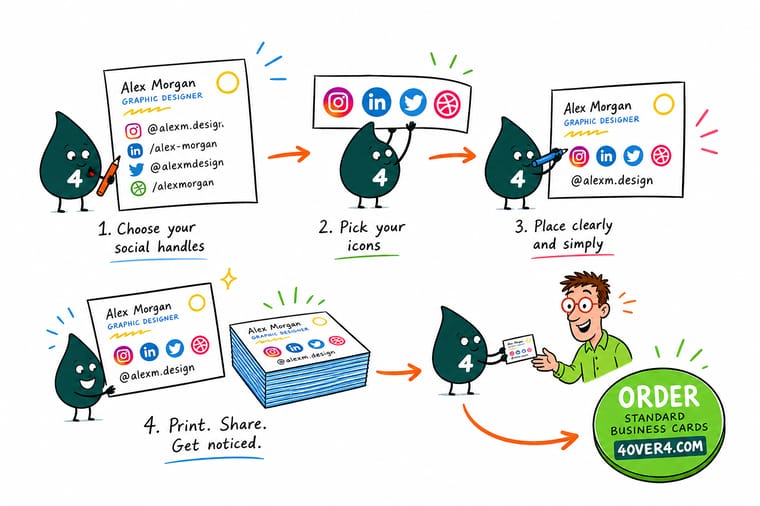 Wally, the 4OVER4 mascot with a 4, adding a clean Instagram handle and icon to the back of a business card