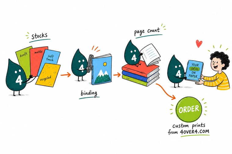 Wally, the 4OVER4 mascot with a 4, bending a soft cover notebook open in one hand next to a rigid hard cover book that stays square