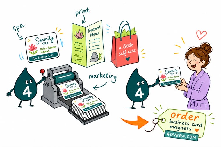 Wally from 4OVER4 printing spa cards and magnets on a press and handing one to a client, beside a folded treatment menu