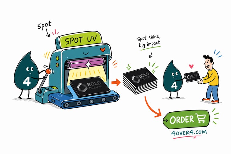 Wally, the 4OVER4 mascot holding a 4, brushing a clear glossy coating over the logo on a matte business card to show how spot UV works