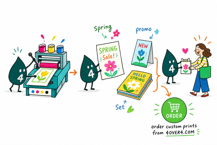 Wally, the 4OVER4 mascot, standing beside a spring banner while holding a branded gift set and a folding wireless charger