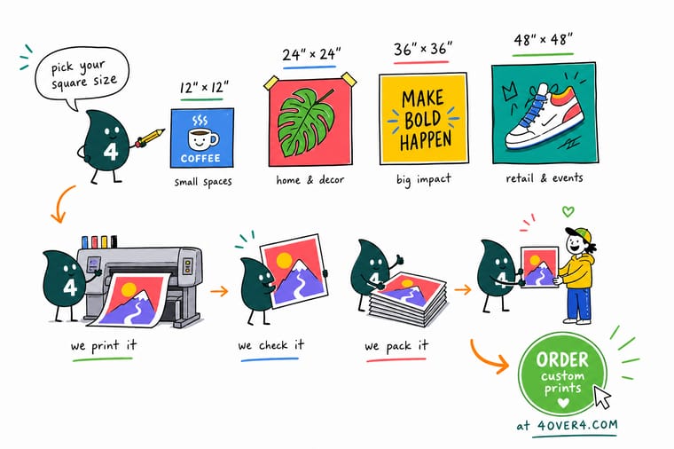 Wally, the 4OVER4 mascot with a 4, measuring a square poster with a ruler and drawing the largest square inside a taller rectangular sheet