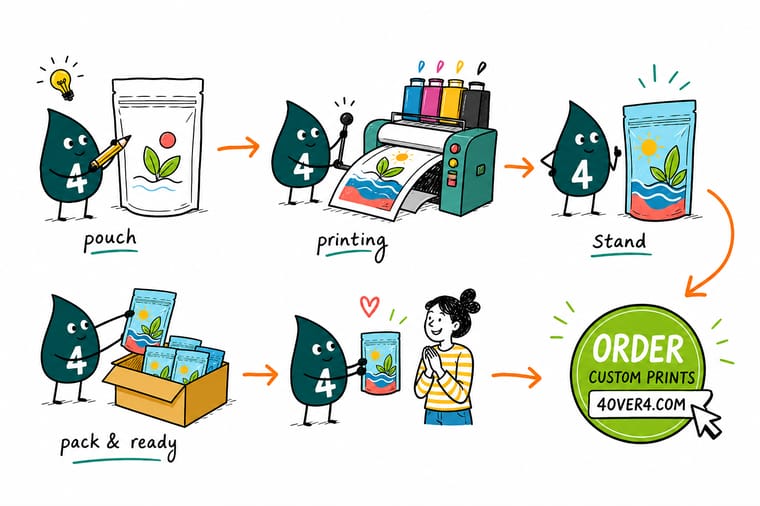 Wally, the 4OVER4 mascot with a 4, peeling apart a stand up pouch to show the printed outer film, the barrier ply and the sealant, then applying a printed food label to the front panel