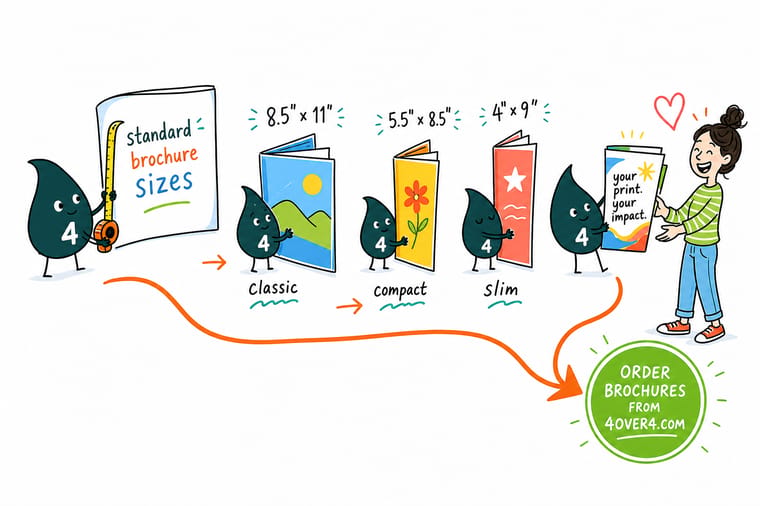 Wally, the 4OVER4 mascot holding a 4, measuring a folded brochure against a size chart