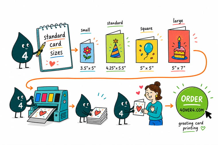 Wally, the 4OVER4 mascot holding a 4, lining up a business card, postcard, greeting card, and invitation by their standard sizes