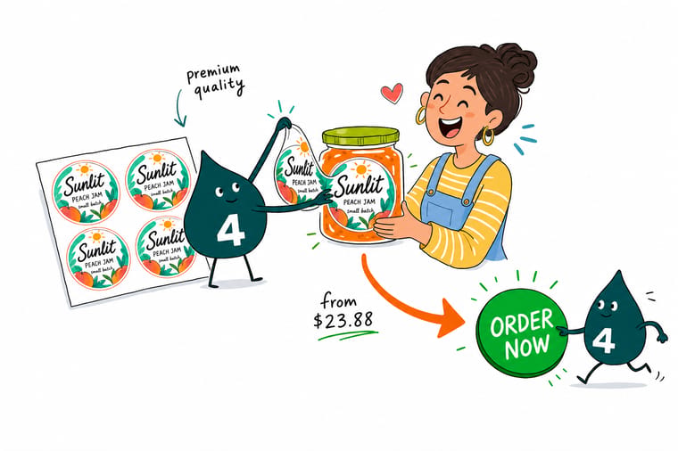 Wally the 4OVER4 mascot pressing a printed round label onto a glass jar lid, a set priced from $23.88 for 25, teal hand-drawn line art.