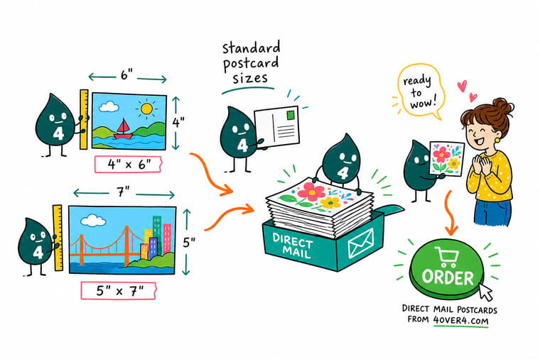 Wally, the 4OVER4 mascot holding a 4, measuring a postcard with a ruler showing inches, millimeters, and pixels