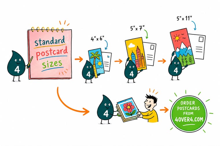 Wally, the 4OVER4 mascot holding a 4, weighing a 4x6 postcard against a larger 6x11 card on a scale of postage rates