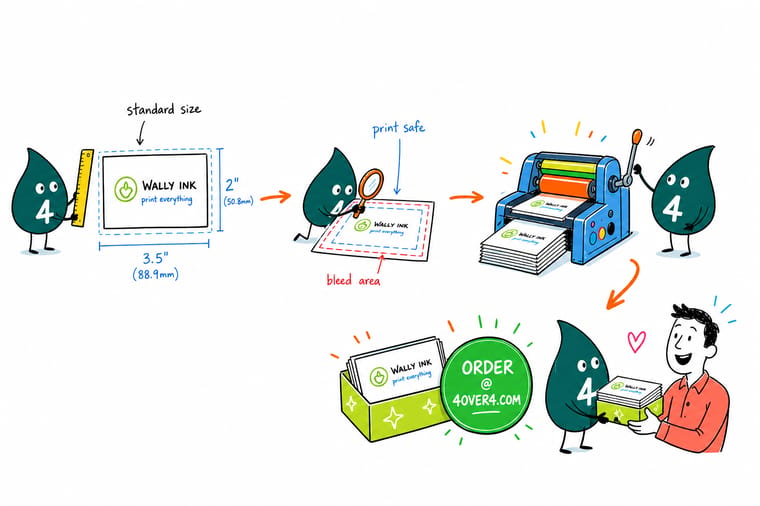 Wally, the 4OVER4 mascot with a 4, measuring a business card against a chart of standard print sizes