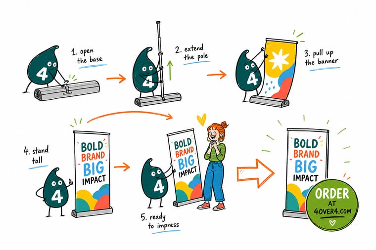Wally, the 4OVER4 mascot holding a 4, standing beside a retractable banner stand that springs up from its base