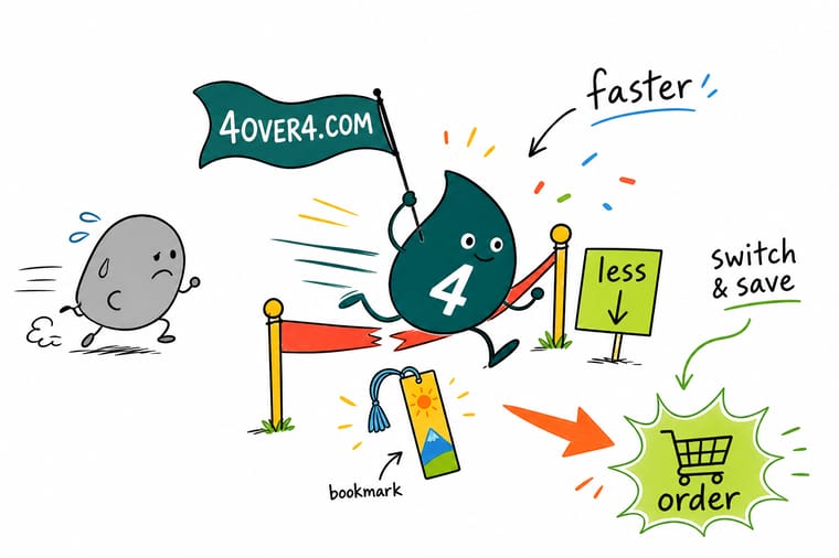 Wally the 4OVER4 mascot races past a grey generic competitor holding the winning laminated bookmark, showing 4OVER4.COM wins on finishes and price