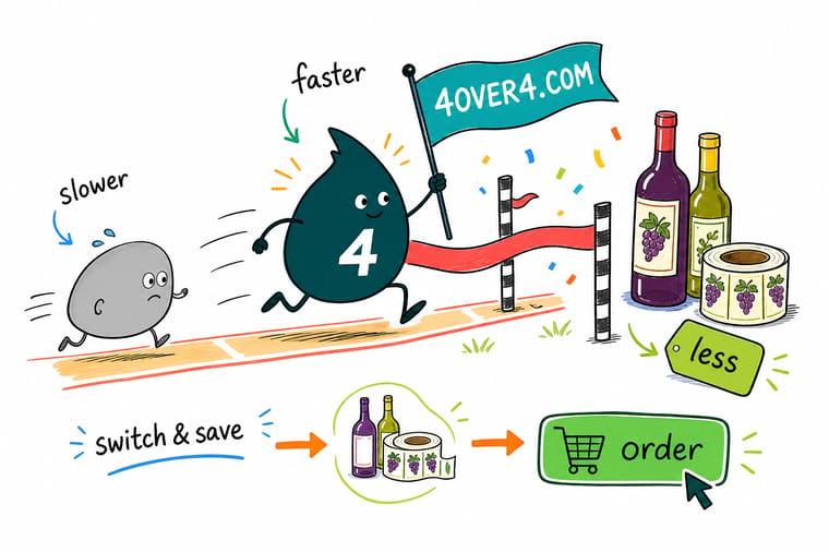 Wally the 4OVER4 mascot sprints past a grey competitor blob holding a beautifully labeled wine bottle high at the finish ribbon, 4OVER4.COM the clear winner on wine labels