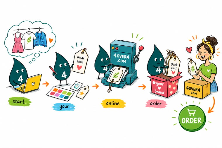 Wally, the 4OVER4 mascot holding a 4, packing a boutique order into a branded mailer with tissue, a hang tag, and a thank-you card