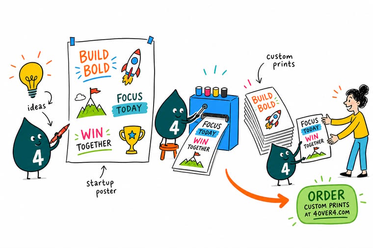 Wally from 4OVER4 hanging a startup mission poster in a wood hanger frame on an office wall