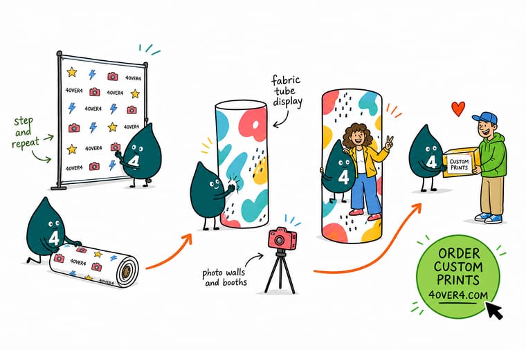 Wally, the 4OVER4 mascot with a 4, holding a flat step-and-repeat photo wall in one hand and a fabric skin sliding onto a tube frame in the other