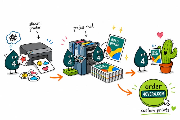 Wally, the 4OVER4 mascot holding a 4, weighing a small desktop printer against a stack of glossy laminated vinyl stickers that clearly wins
