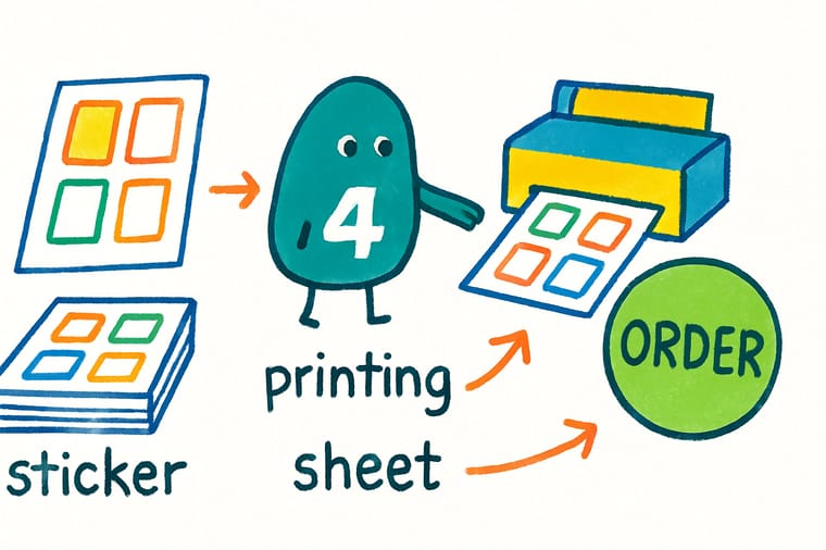 Wally, the 4OVER4 mascot holding a 4, arranging kiss-cut stickers into neat rows on one backing sheet while an orange arrow points to a green order button