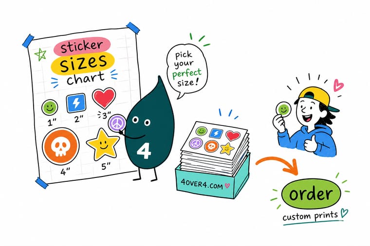 Wally from 4OVER4 measuring stickers against a size chart of small, medium, and large dimensions