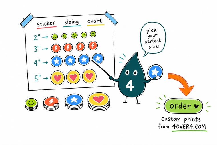 Wally from 4OVER4 matching stickers to a laptop, water bottle, and jar with a sizing chart