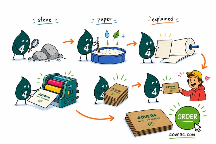 Wally, the 4OVER4 mascot holding a 4, weighing a waterproof stone paper sheet against warm recycled and kraft print samples