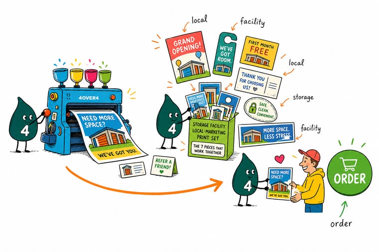 Wally, the 4OVER4 mascot holding a 4, mapping a storage facility's two-mile radius with a fence banner, intersection yard signs, and a flyer stack in a partner office