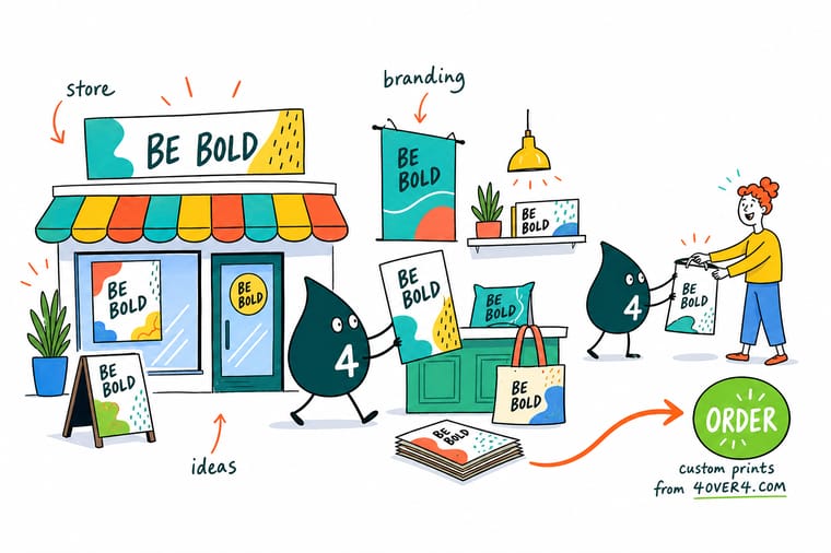 Wally from 4OVER4 branding a store from window clings to A-frame to counter displays so shoppers walk in