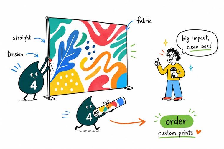 Wally from 4OVER4 sliding a printed fabric graphic onto a straight tension display frame