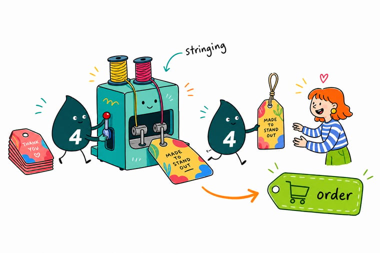 Wally, the 4OVER4 mascot holding a 4, threading a cotton string through a hang tag and tying the knot to show the stringing finishing service