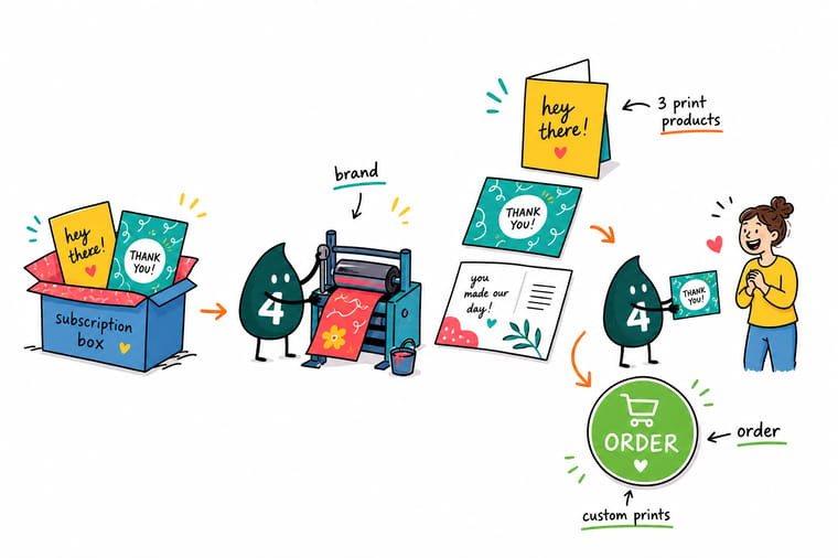Wally, the 4OVER4 mascot, packing a subscription box beside a market banner and a branded welcome gift