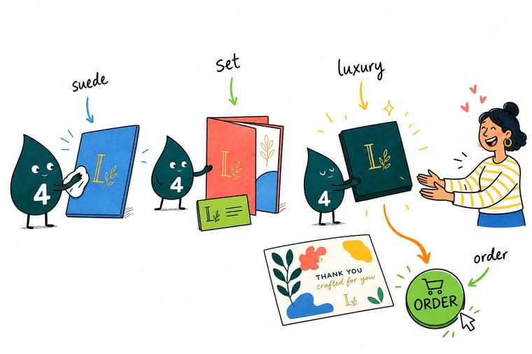Wally, the 4OVER4 mascot, running a fingertip across a velvet soft touch business card beside a hangtag and a bookmark