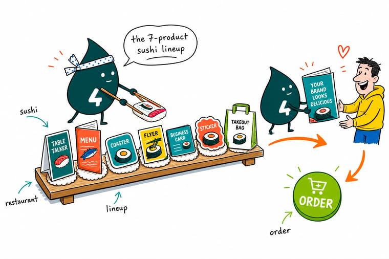 Wally, the 4OVER4 mascot holding a 4, arranging a sushi restaurant's menu, box-seal sticker, table tent, and gift certificate in one precise row