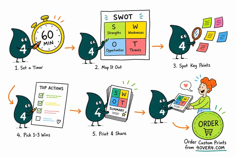 Wally, the 4OVER4 mascot with a 4, standing at a four box grid on a wall and drawing a line between the strengths box and the opportunities box