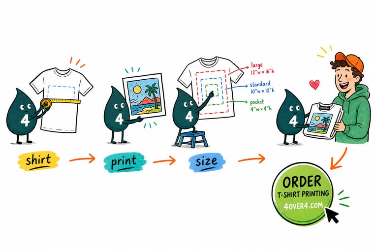 Wally, the 4OVER4 mascot with a 4, holding a ruler up to a t-shirt to size the print area
